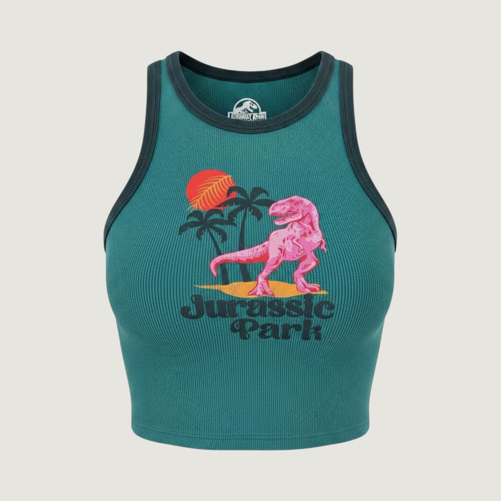 Jurassic Park Womens Teal Ribbed Graphic Tank Top Pink T-Rex Crop Top Small